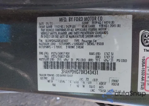 2011 Ford Fusion Se from USA, damaged, VIN 3FAHP0HG7BR343431
